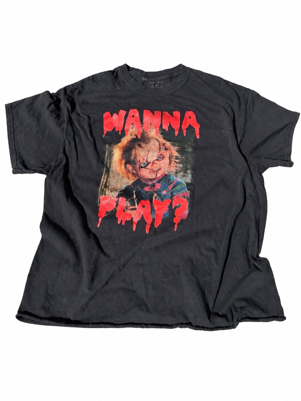 Chucky “Wanna Play?” Black Horror Graphic Tee unisex cropped XL